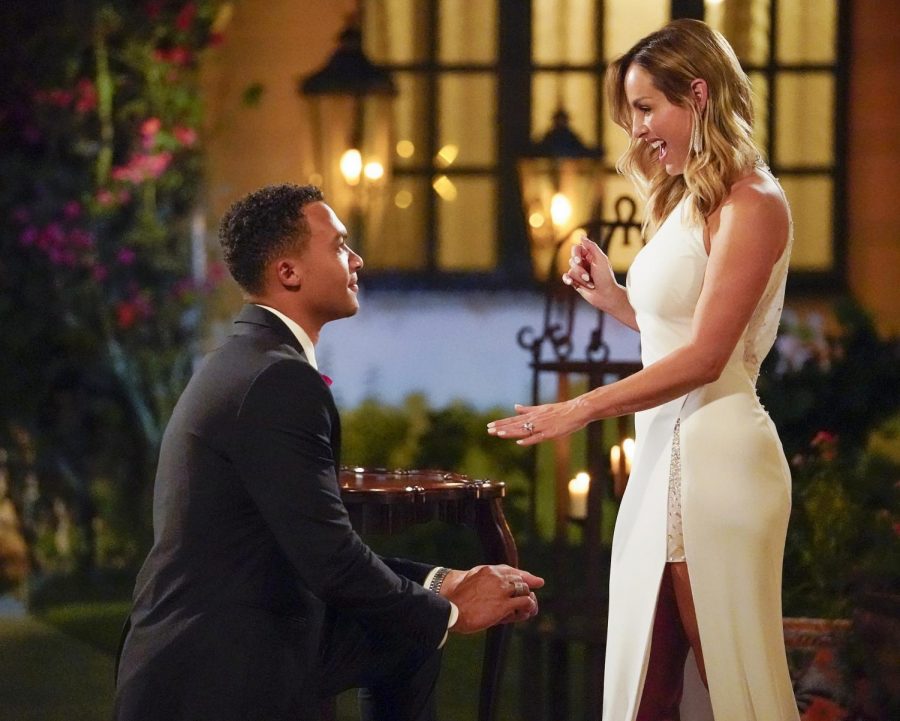 Clare Crawley and Dale Moss are seen in the show the Bachelorette as Moss pops the question.