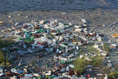 A pile of trash is shown on the ocean.