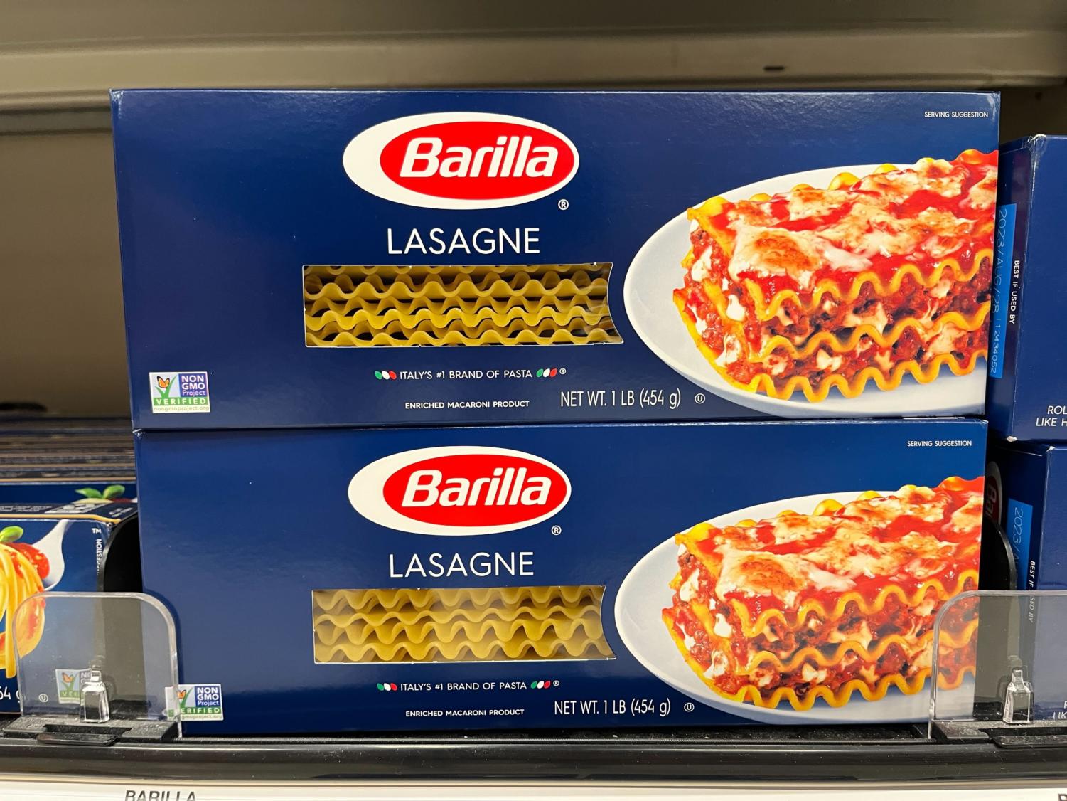 Two boxes of unmade lasagne noodles.