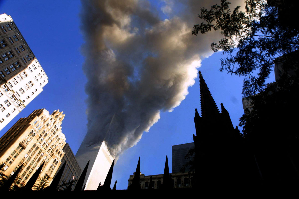 Smoke spews from a tower of the World Trade Center on Sept. 11, 2001, after two hijacked airplanes hit the twin towers in a terrorist attack on New York City.