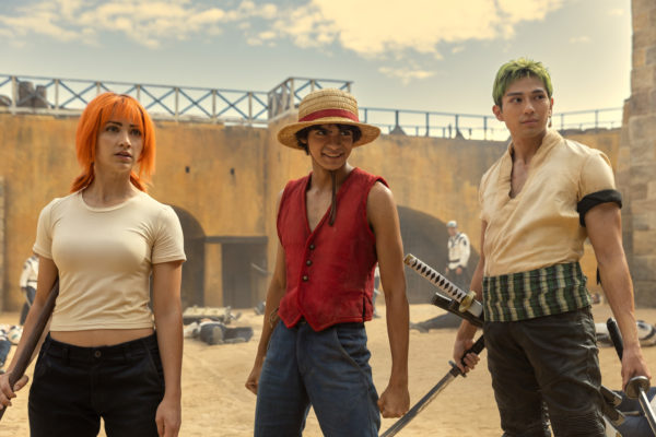 From left, Emily Rudd as Nami, Iñaki Godoy as Monkey D. Luffy and Mackenyu Arata as Roronoa Zoro in a scene from Netflixs One Piece.