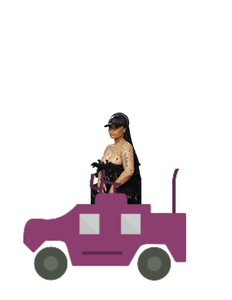Nicki Minaj depicted in a pink light combat vehicle from Canva Pro to represent her new addition to Call of Duty.
