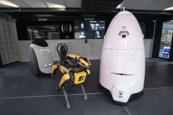 New NYPD policing technology, including Digi Dog (center) and a K5 Autonomous Security Robot, are pictured during a press conference in Times Square on Tuesday, April, 11, 2023, in Manhattan, New York