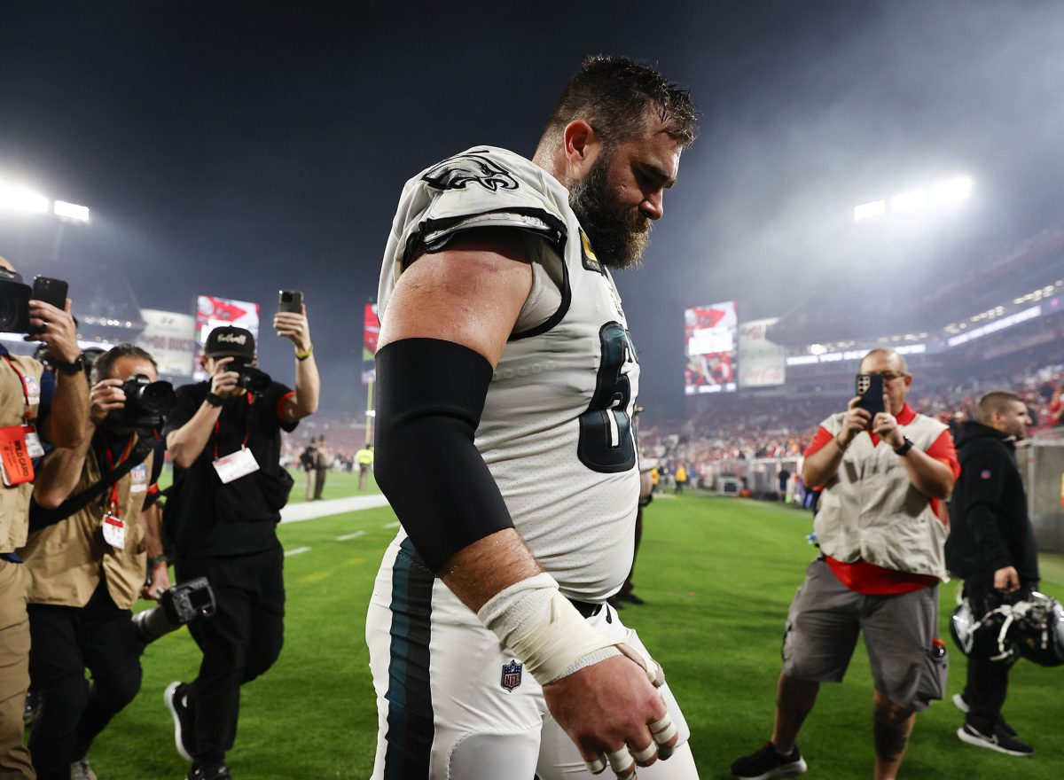 Eagles center Jason Kelce walks off the field after what is expected to be his final game, the wild-card loss to the Buccaneers on Monday.