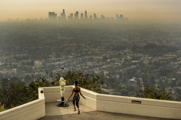 Smoke pollution due to wildfires in Southern California are seen at the Griffith Observatory.