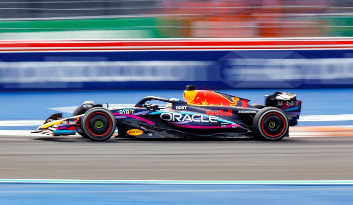 Dutch Formula One driver Max Verstappen of Red Bull Racing drives during the Formula One Miami Grand Prix at the Miami International Autodrome on Sunday, May 7, 2023, in Miami Gardens, Florida.