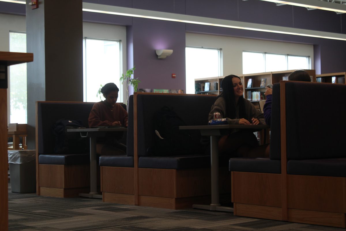 Senior Abby Huck and junior Aubrey Brown talk together in the library. Senior Ameira Hamid studies for her classes.