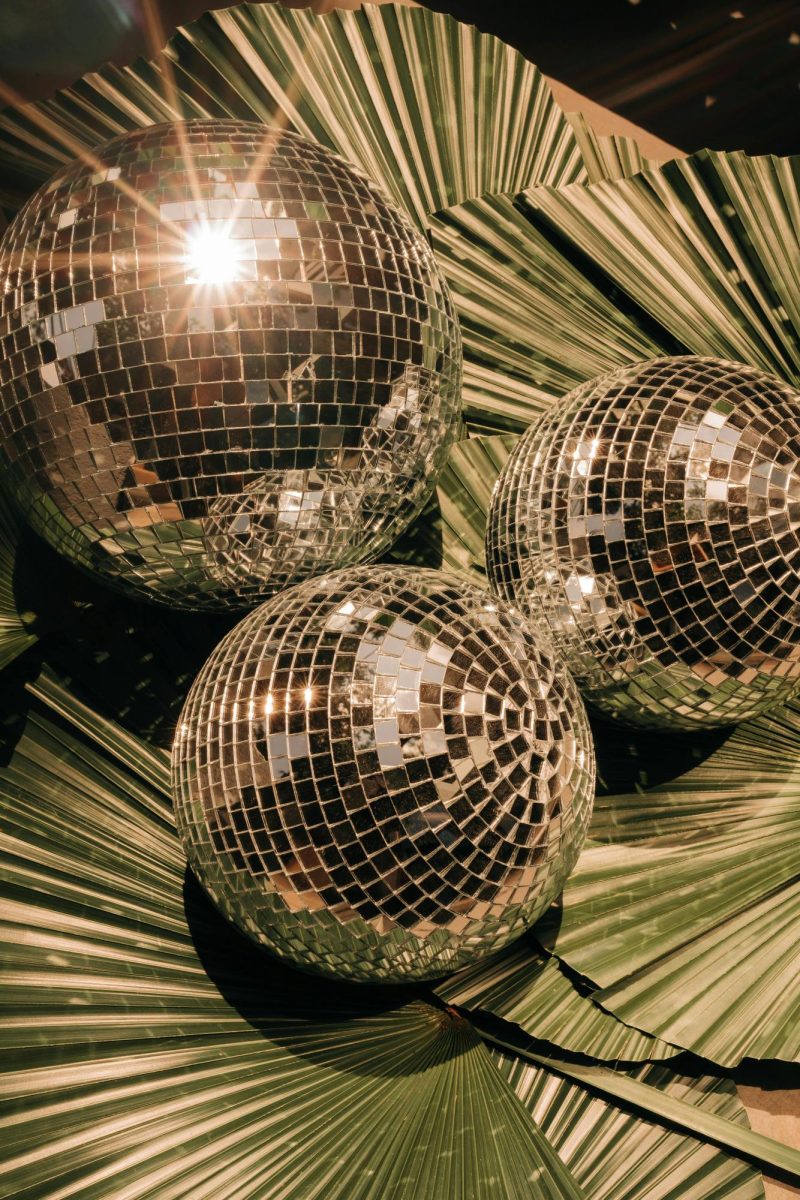 Reflective disco balls on sage green leaves