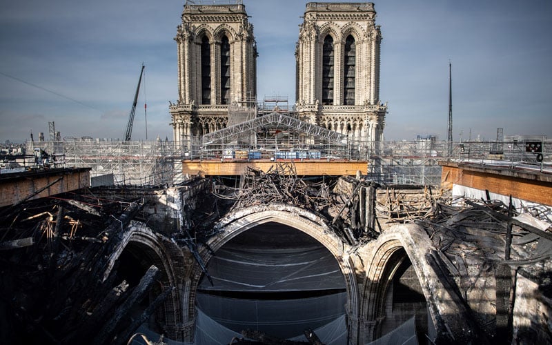 The melted scaffolding from the fires on the Notre-Dame cathedral, from Nov. 24, 2020.
