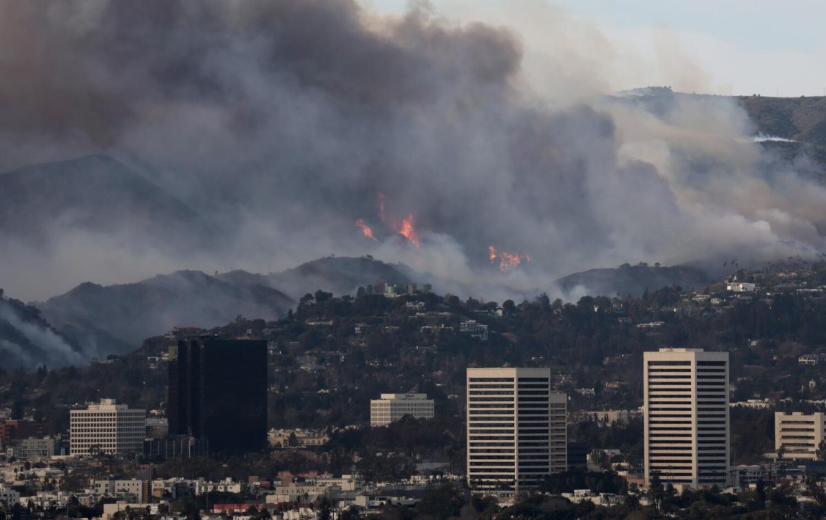 Smoke from the Palisades and Eaton fires wafts into the air covering Los Angeles in a blanket of smoke.